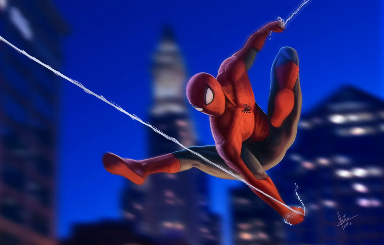 Photo wallpaper night, New York City, Marvel, fly, Peter Parker, Spider Man