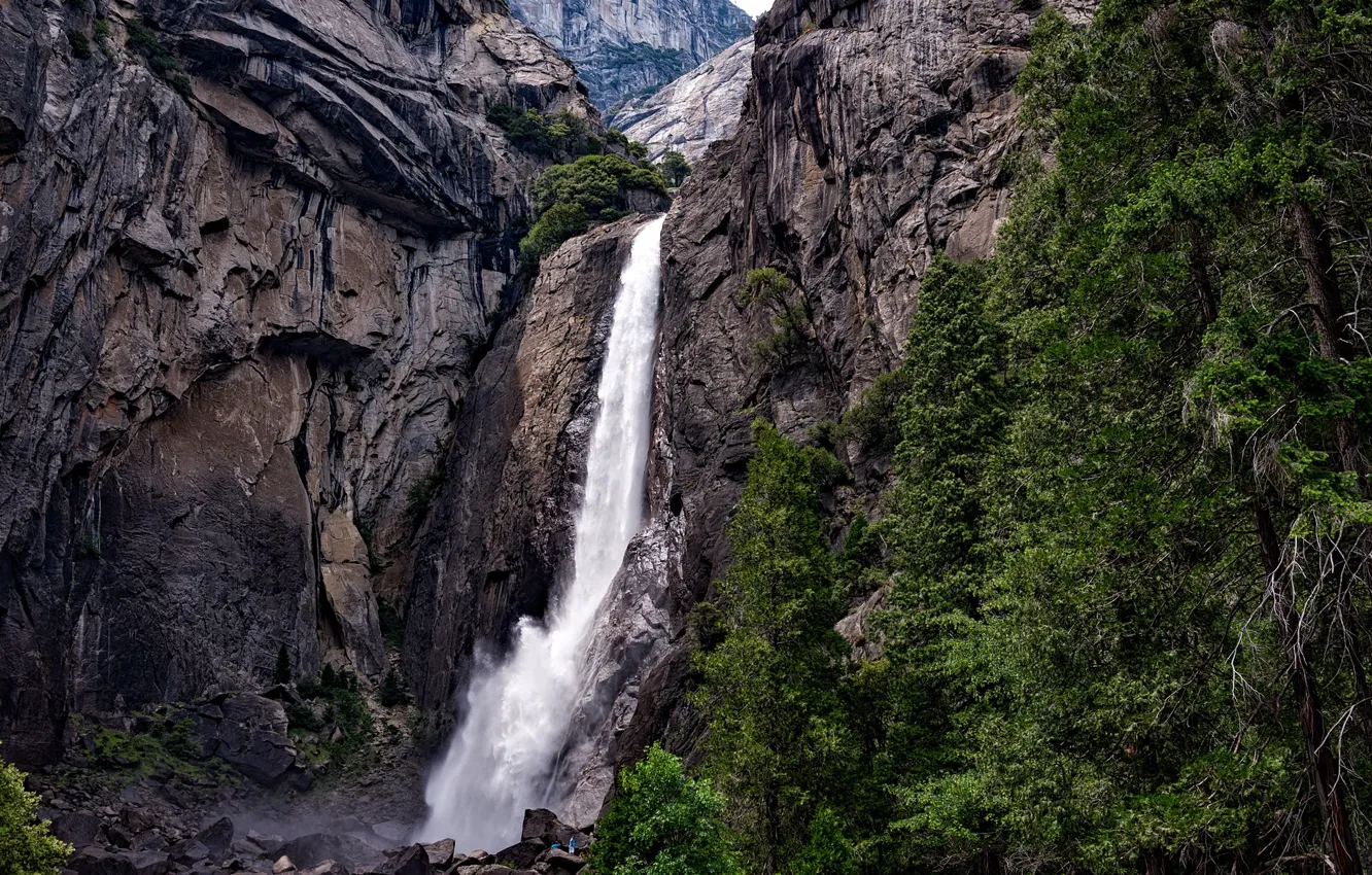 Photo wallpaper trees, stones, rocks, waterfall, CA, USA, Yosemite, Yosemite National Park