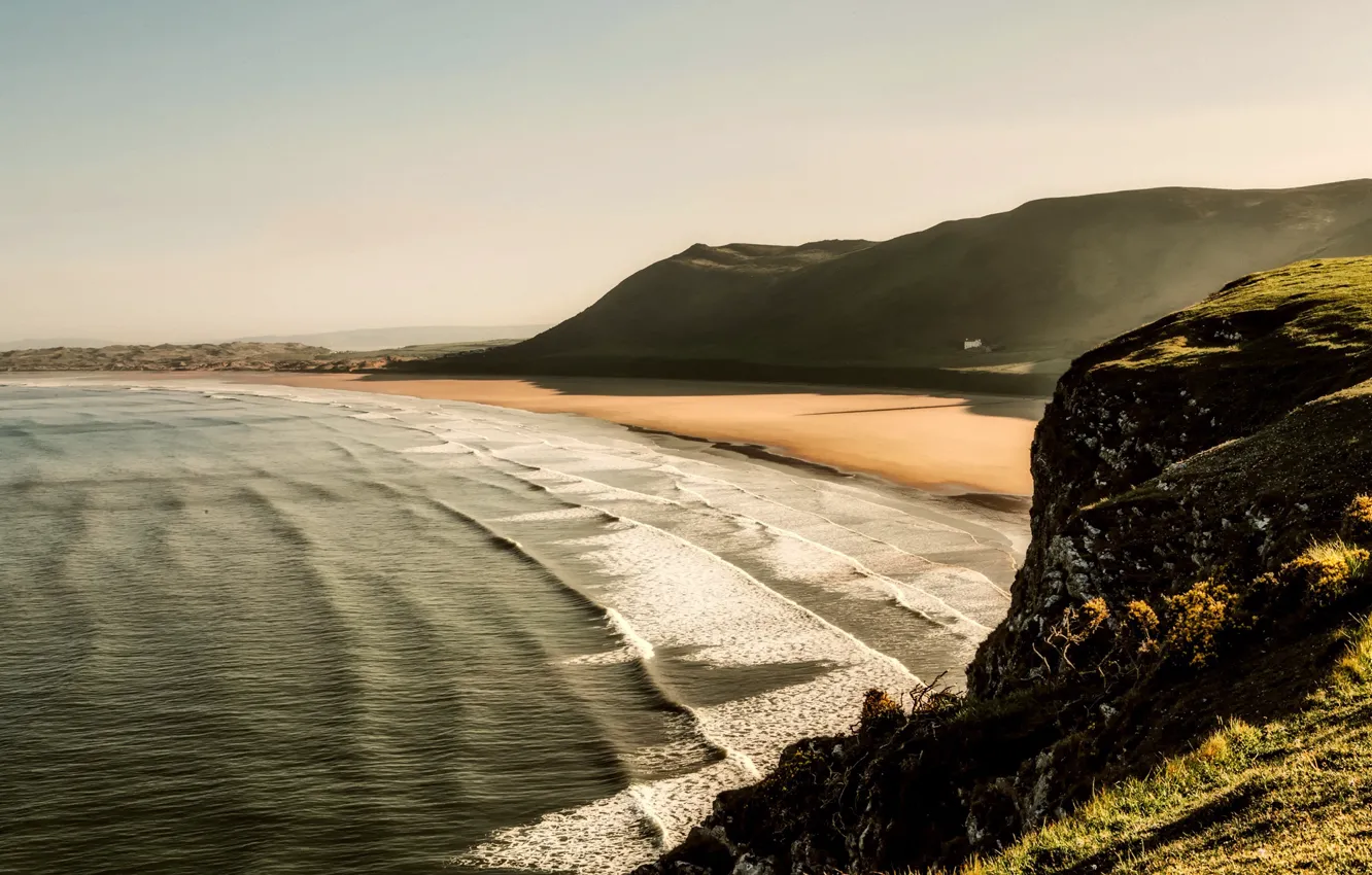Photo wallpaper sea, beach, the sun, mountains, rocks, coast, England