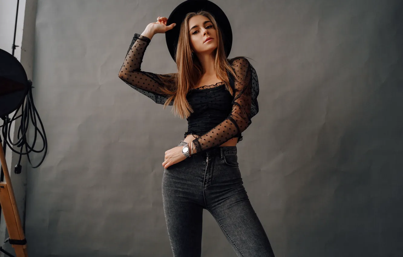 Photo wallpaper girl, pose, background, jeans, blouse, hat, Anton Swarovsky, Tatiana Pershina-Nekrasova