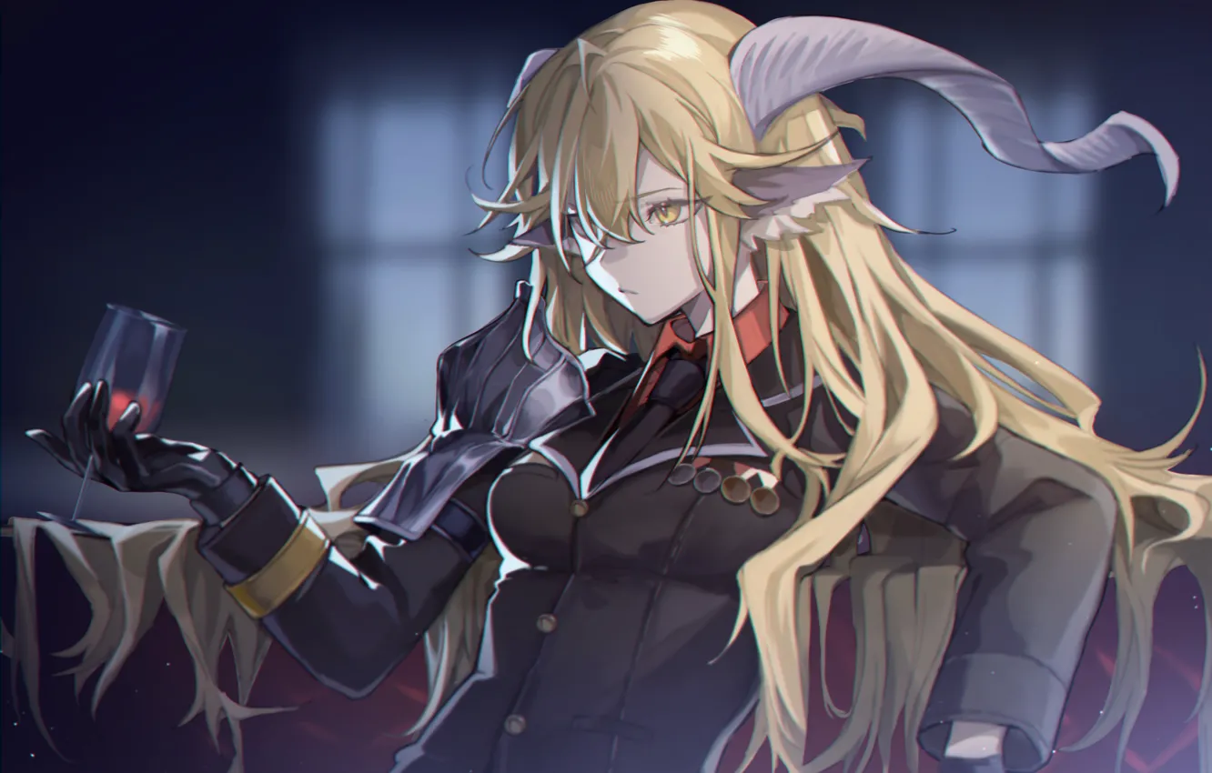 Photo wallpaper girl, horns, a glass of wine, Arknights, ArDegenbrecher