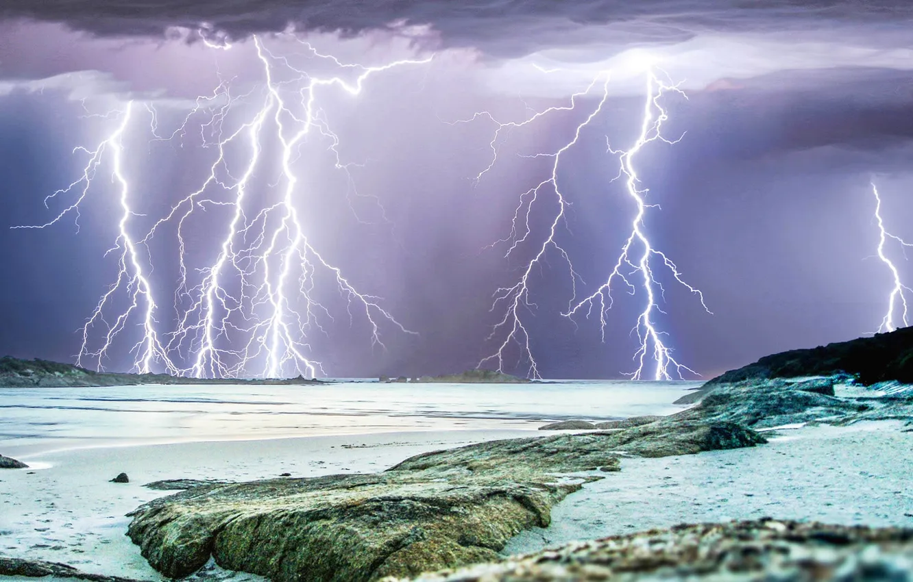 Photo wallpaper sea, the storm, clouds, element, lightning, Australia, Perth
