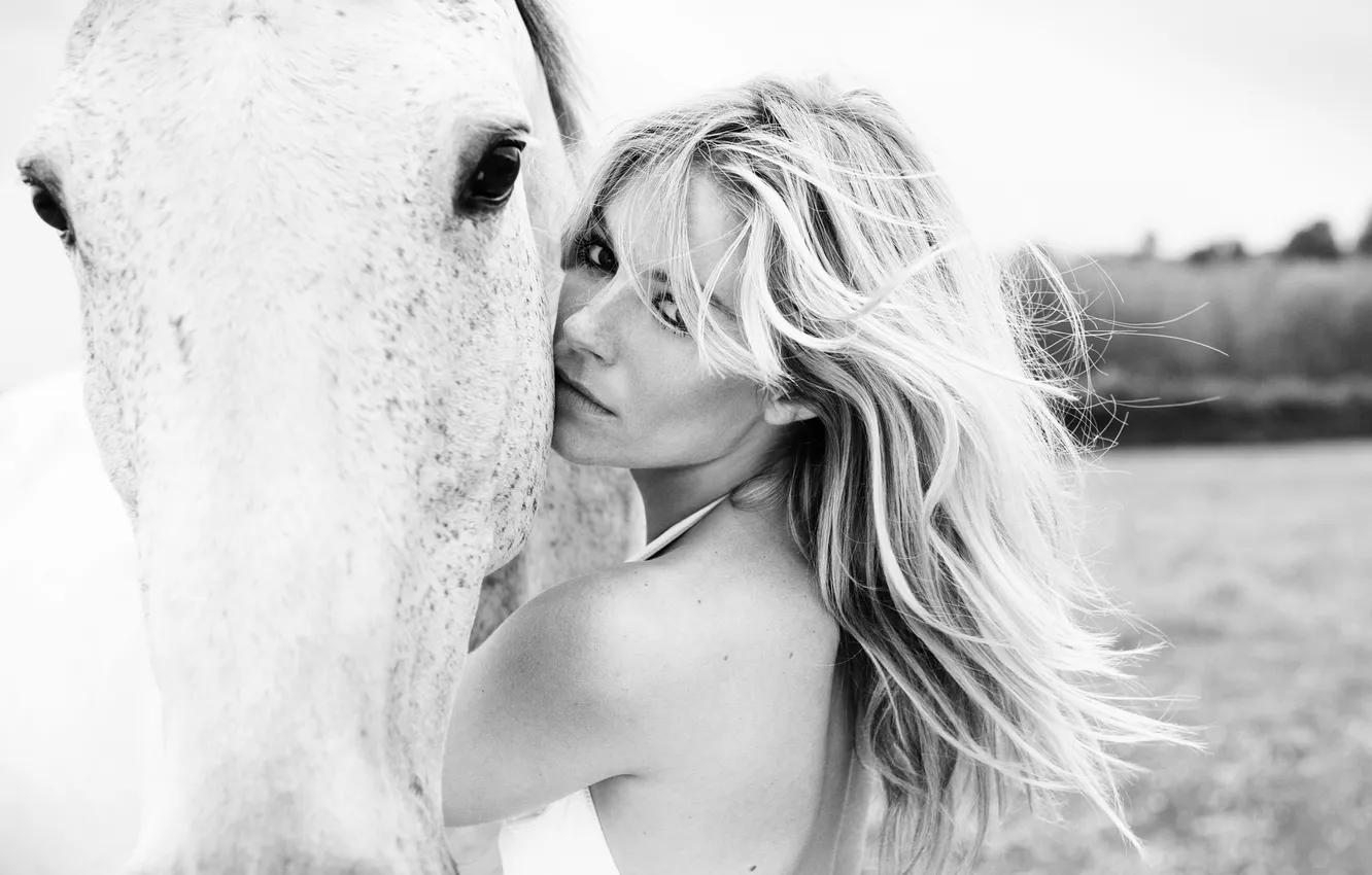 Photo wallpaper look, girl, animal, horse, blonde, black and white, Sienna Miller