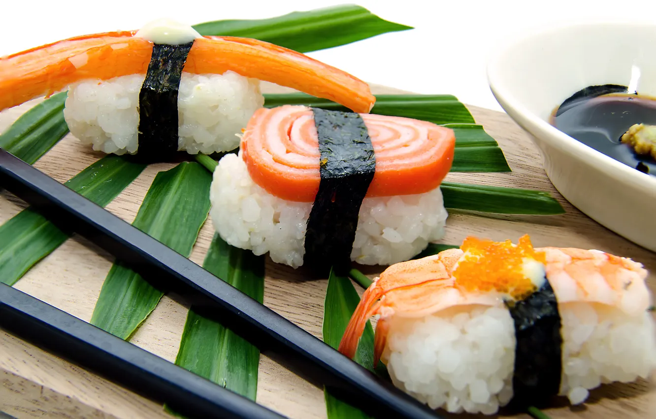 Photo wallpaper leaves, algae, fish, sticks, figure, sushi, rolls, Japanese cuisine