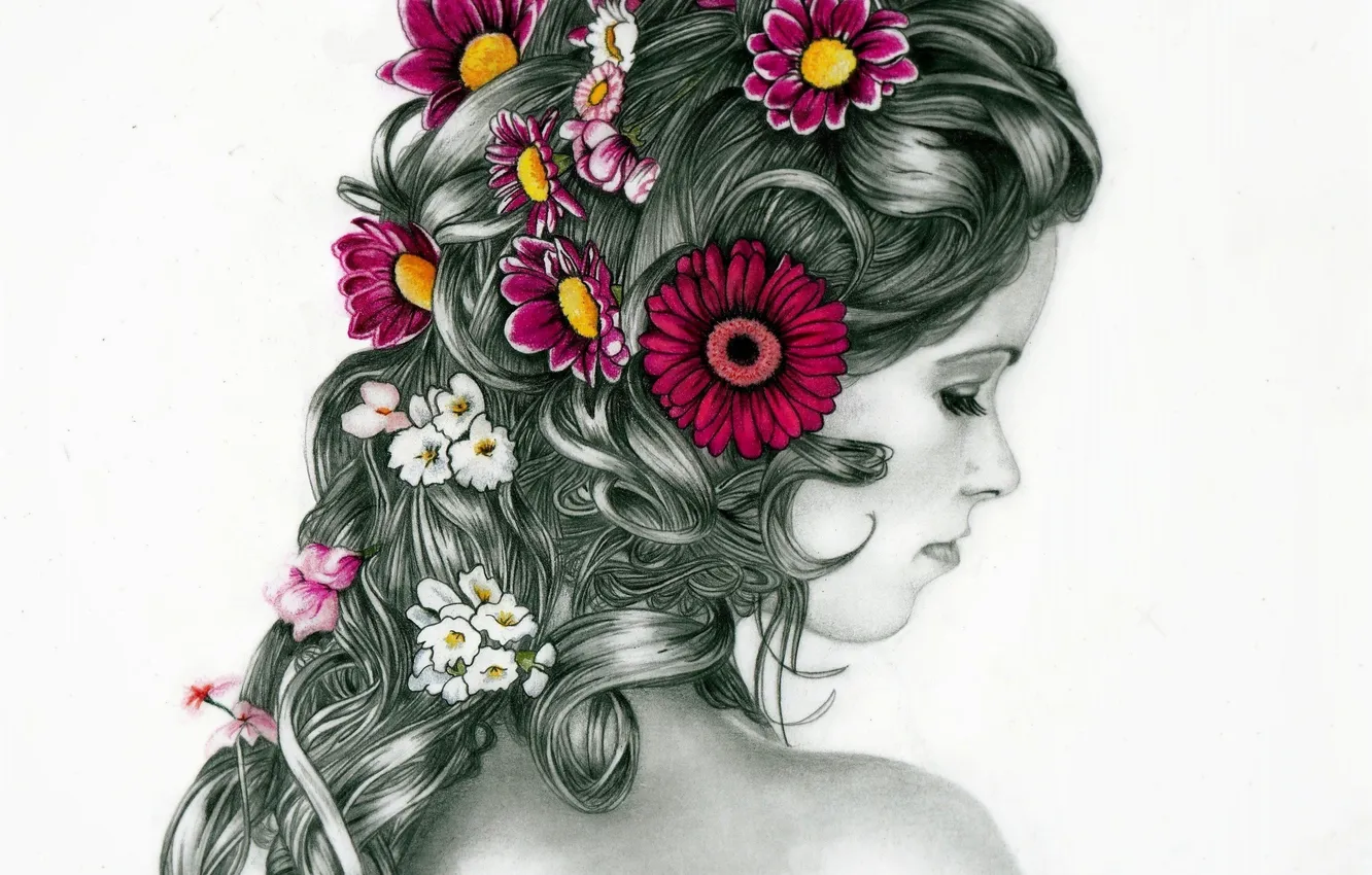 Photo wallpaper girl, flowers, eyelashes, hair, back, hairstyle, white background, profile