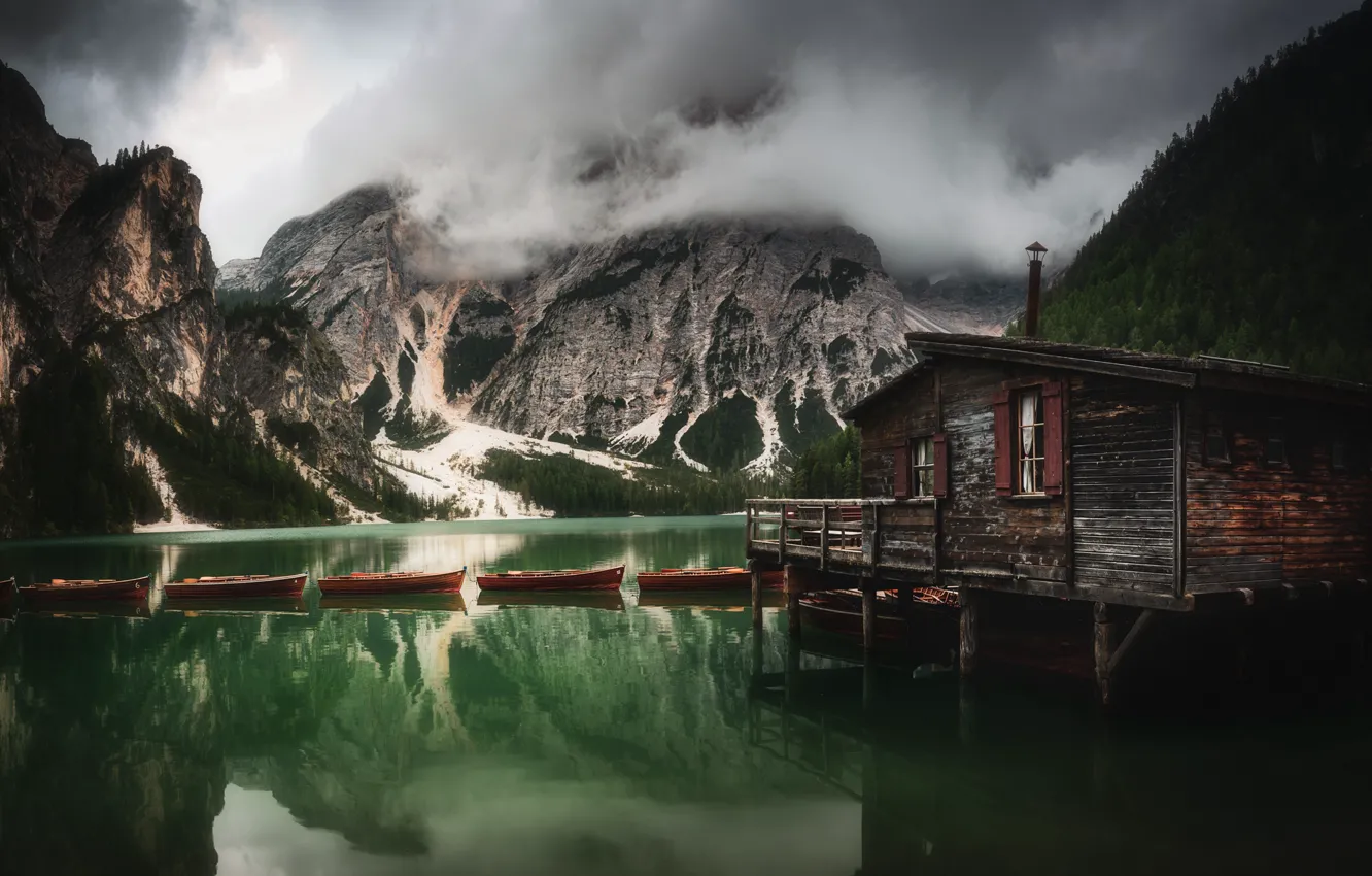Photo wallpaper clouds, landscape, mountains, nature, lake, boat, Italy, house