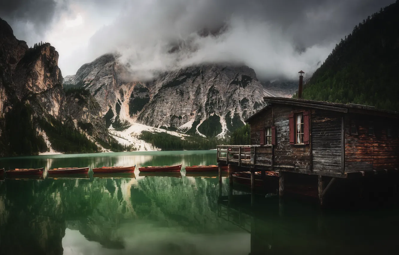 Photo wallpaper clouds, landscape, mountains, nature, lake, boats, Italy, house