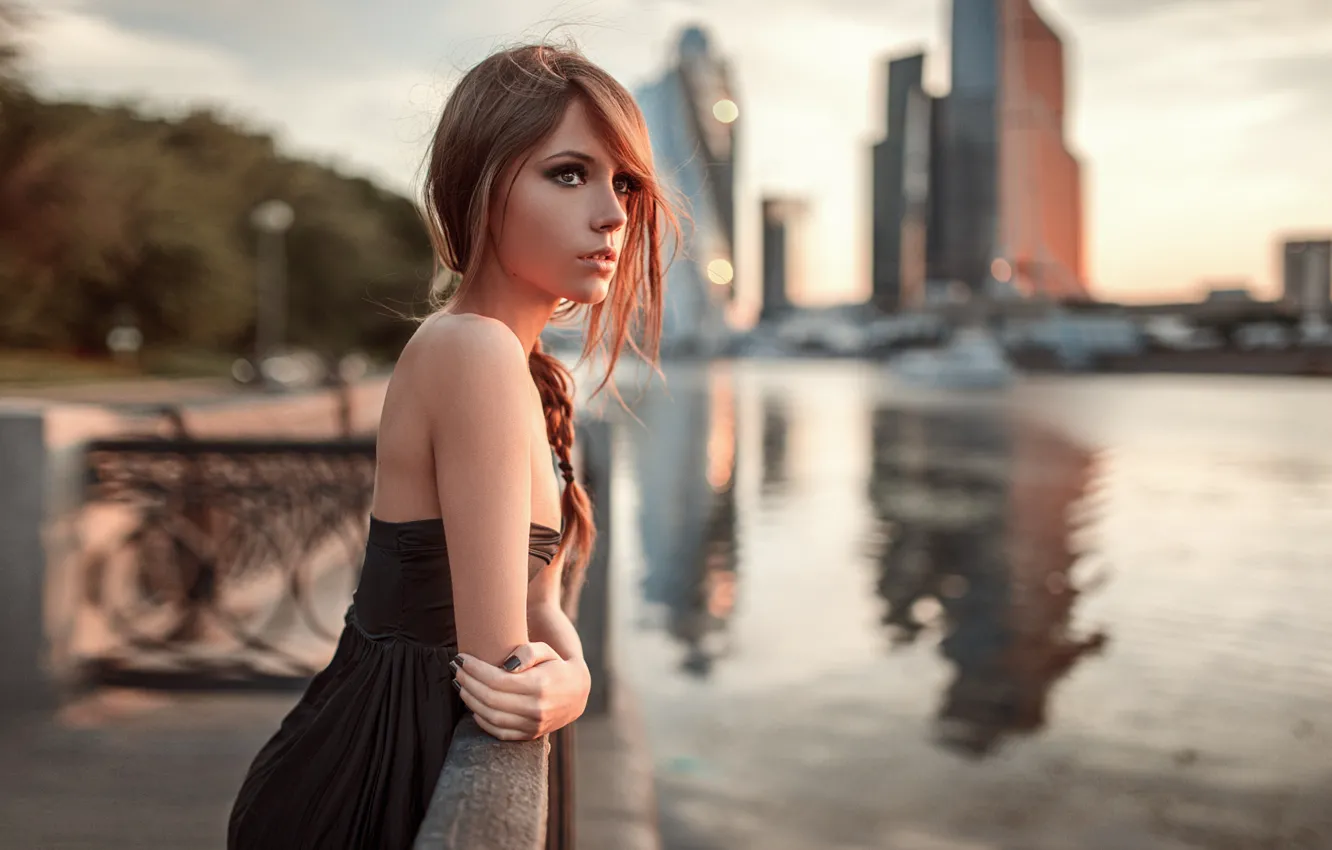 Photo wallpaper look, girl, the city, river, mood, black, model, portrait