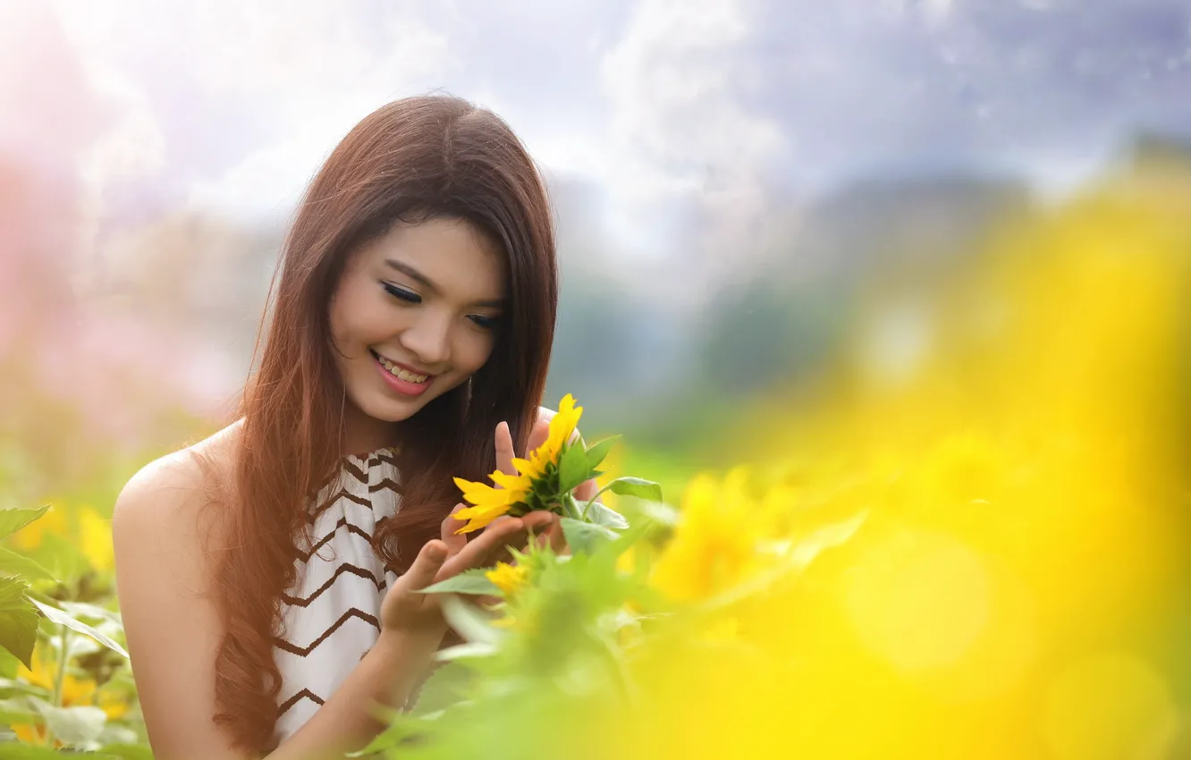 Photo wallpaper summer, girl, sunflower