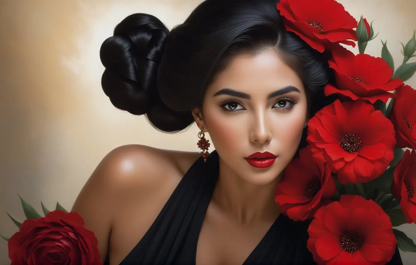 Photo wallpaper girl, flowers, hairstyle