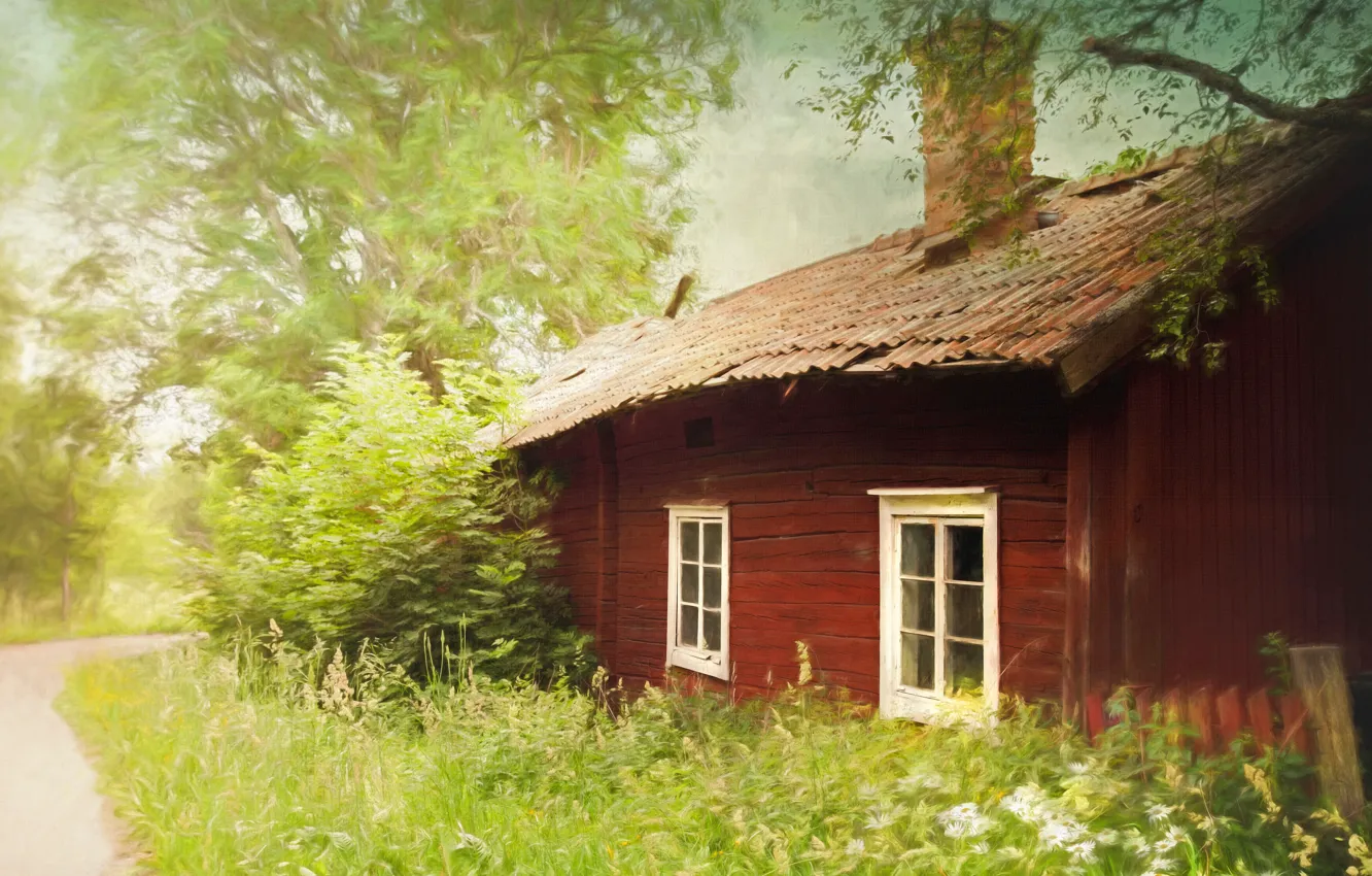 Photo wallpaper greens, summer, grass, trees, landscape, comfort, photoshop, home