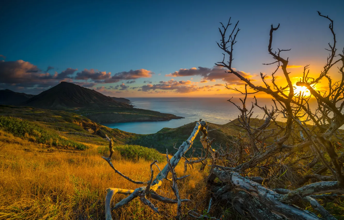 Photo wallpaper sea, the sky, the sun, clouds, sunset, mountains, tropics, coast