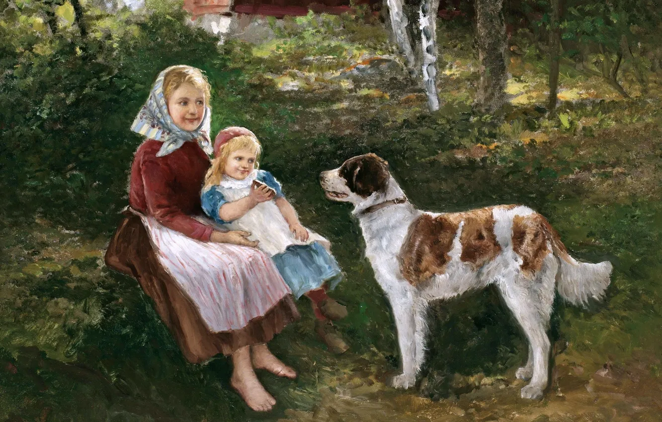 Photo wallpaper children, dog, picture, Swedish artist, Johan Severin Nilson, Children and dog, Johan Severin Nilson