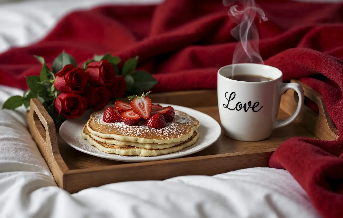 Photo wallpaper love, flowers, romance, heart, roses, Breakfast, love, pancakes