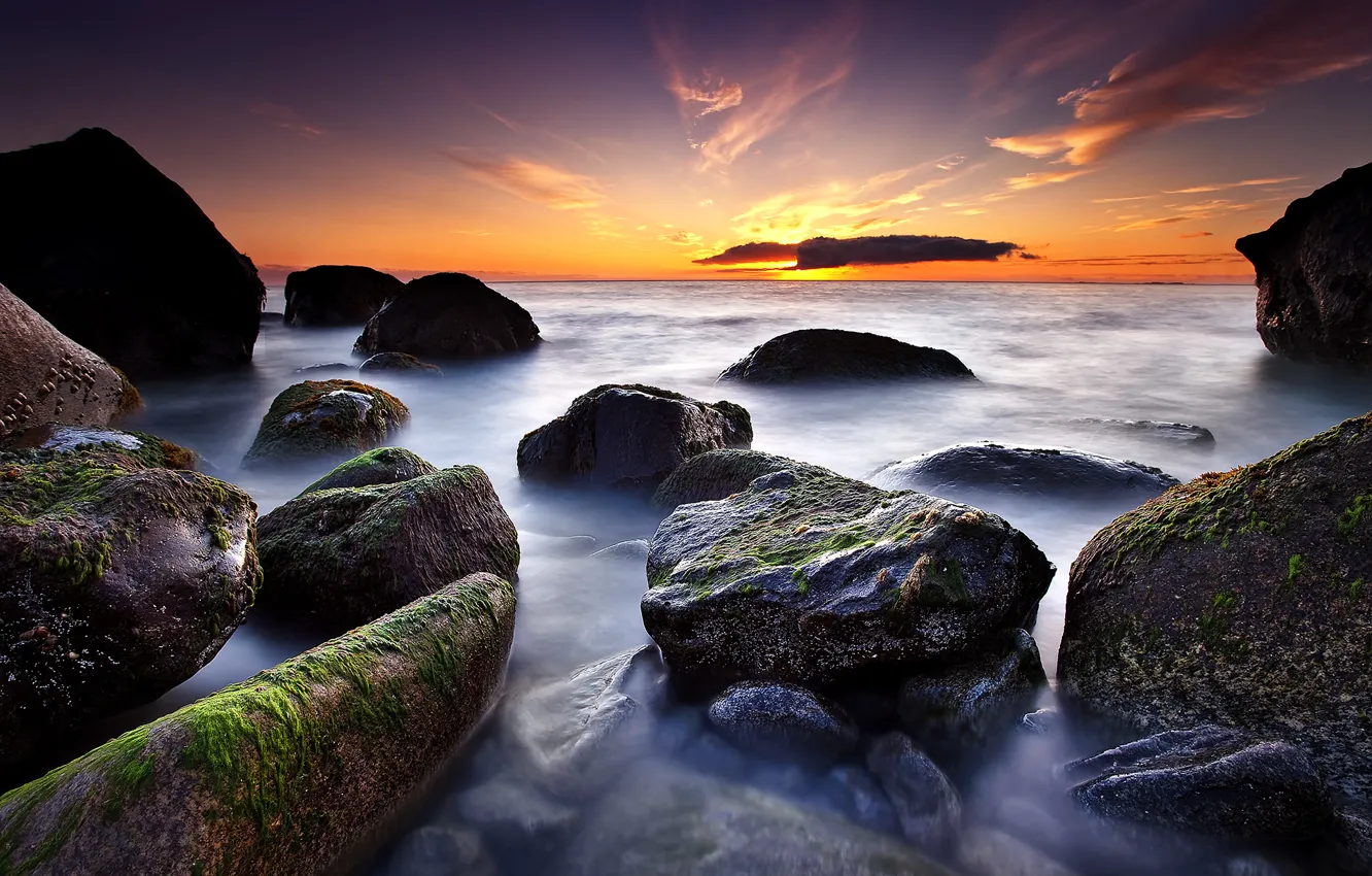 Photo wallpaper sea, stones, rocks, dawn