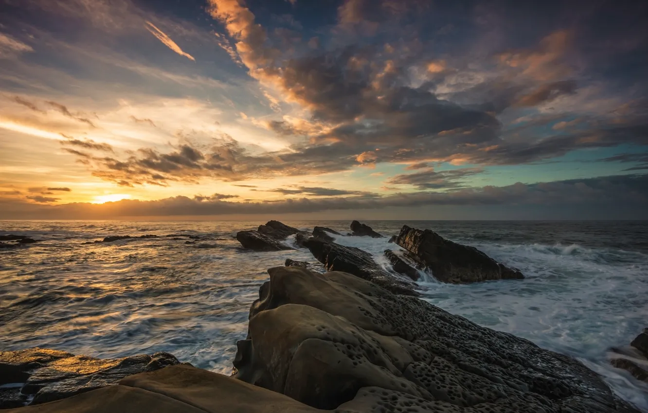 Photo wallpaper sea, wave, the sky, the sun, clouds, clouds, nature, stones