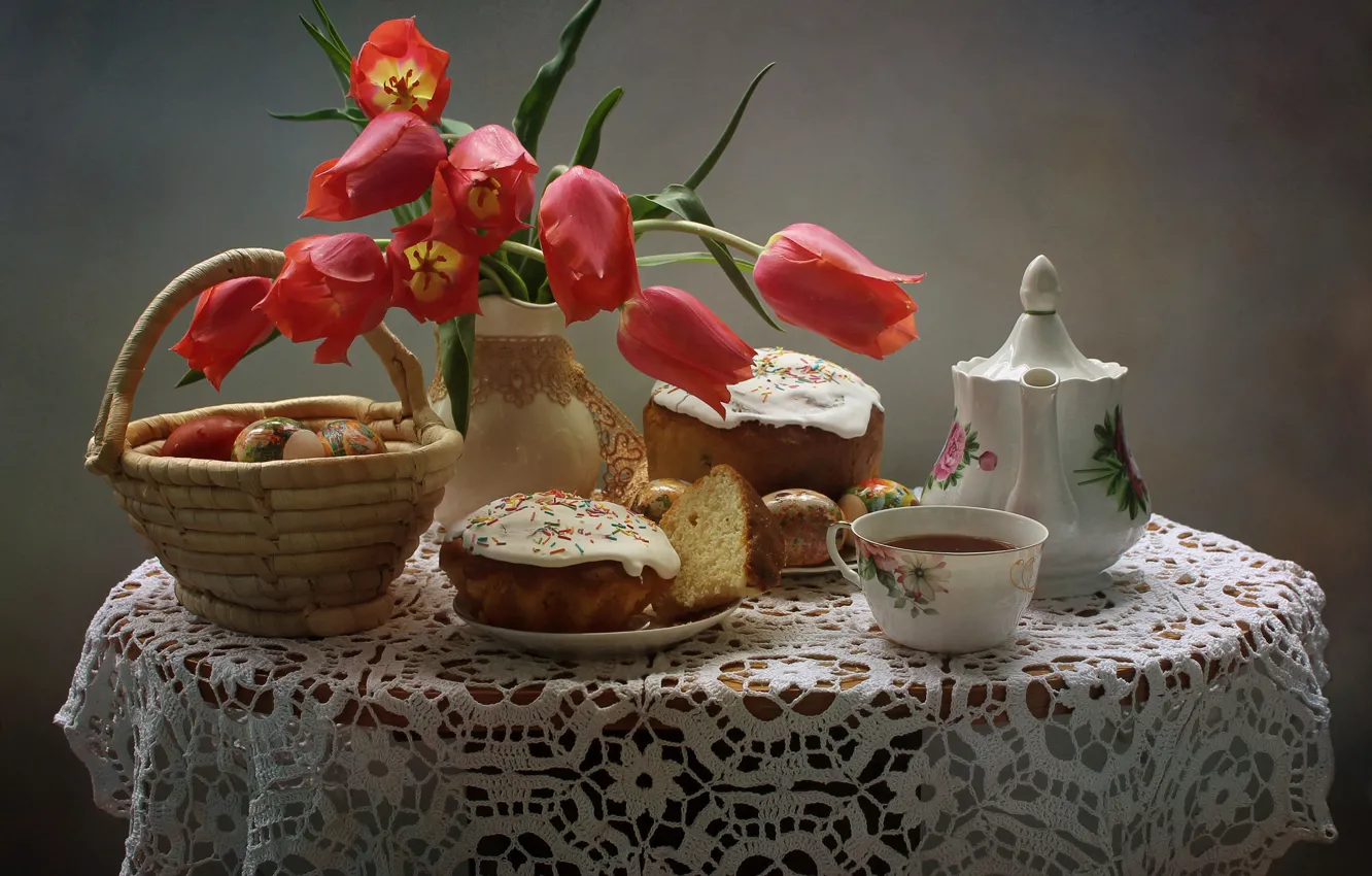 Photo wallpaper flowers, table, holiday, tea, basket, eggs, kettle, Easter