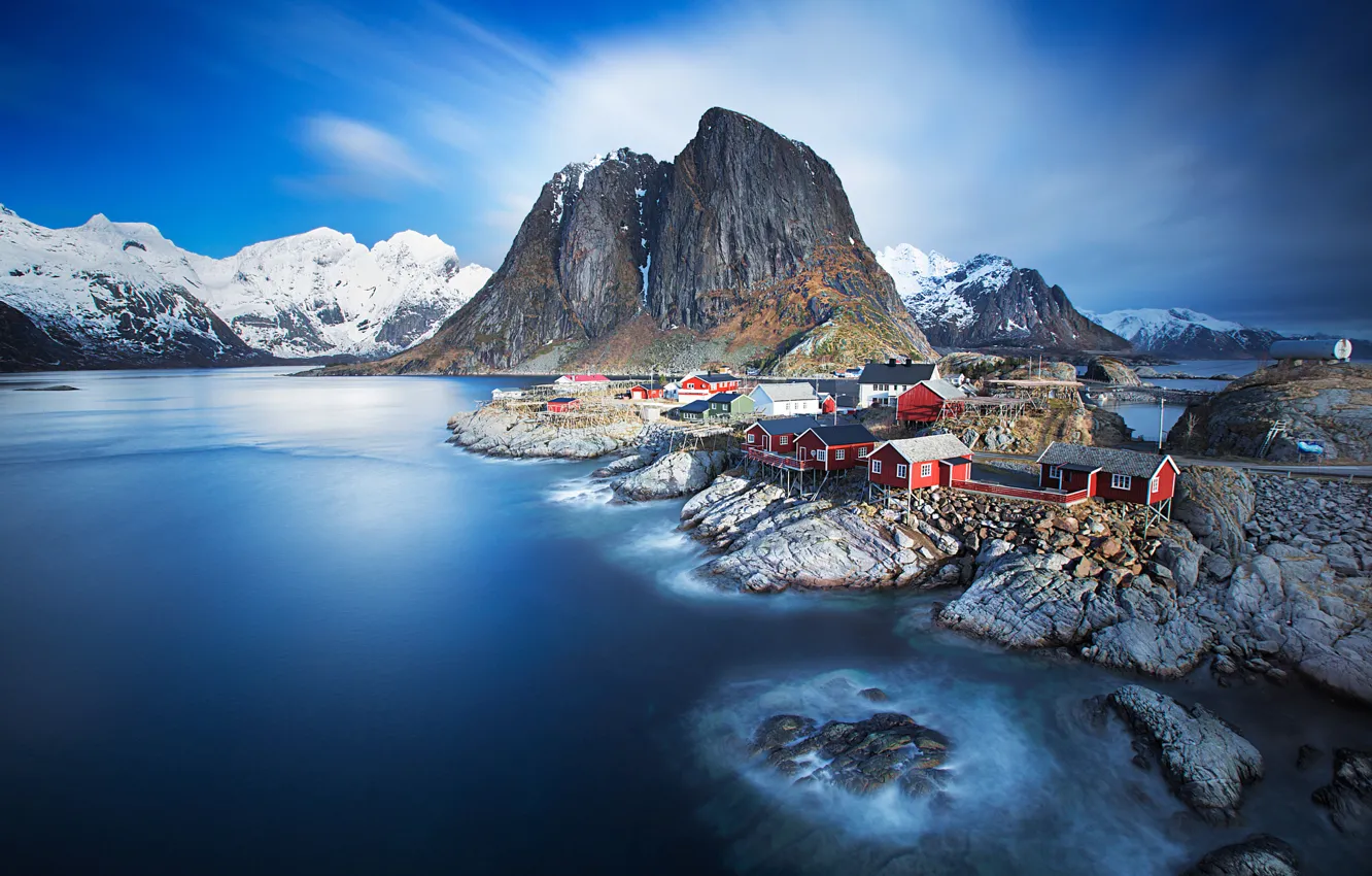 Photo wallpaper sea, mountains, Norway, town, settlement, archipelago, The Lofoten Islands, fylke Nordland