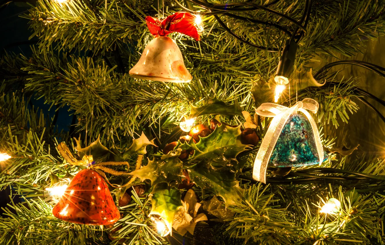 Photo wallpaper needles, branches, holiday, tape, garland, bow, bells, pine