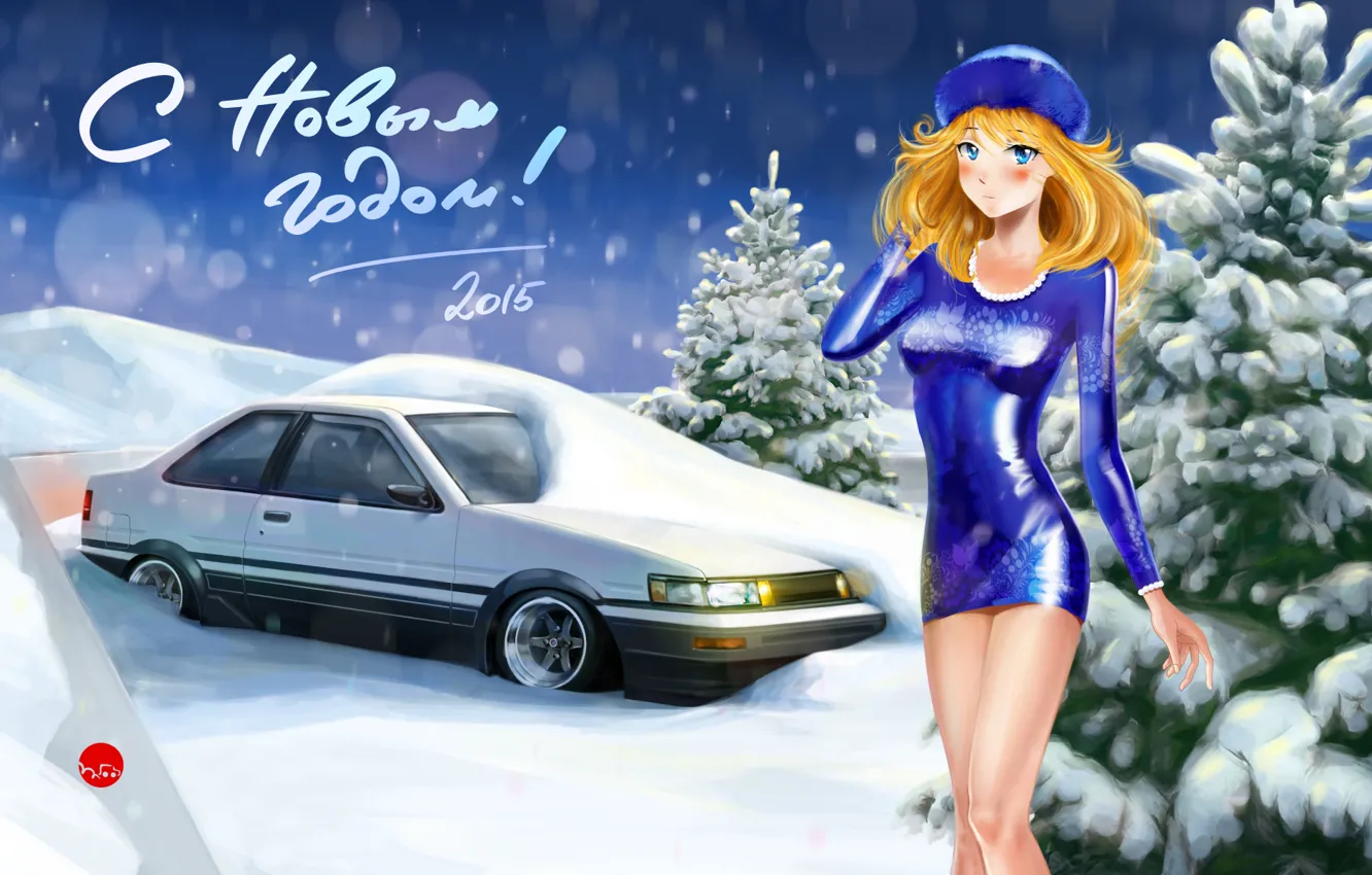 Photo wallpaper girl, snow, background, Toyota, AE86, Toyota, Happy New Year, 2015