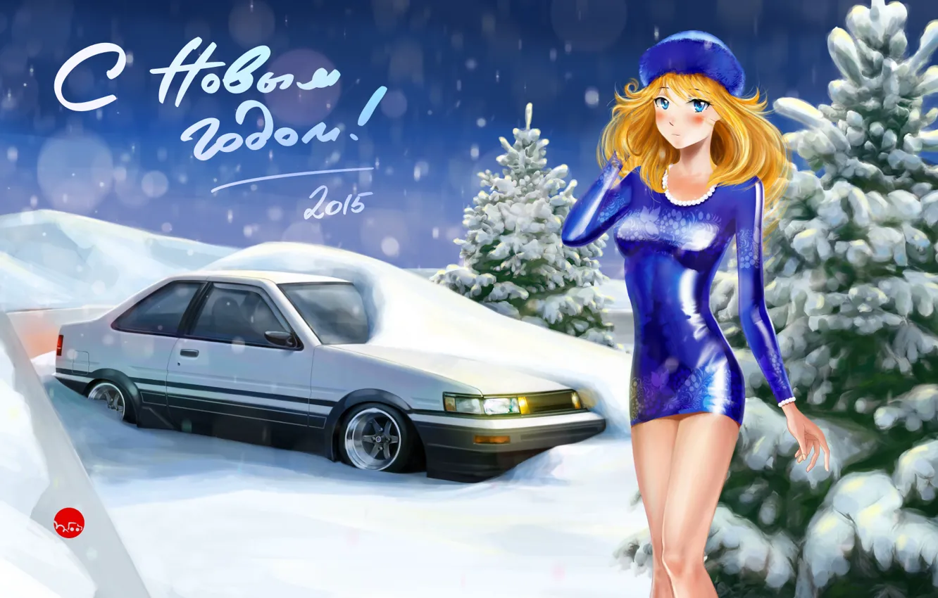 Photo wallpaper girl, snow, background, Toyota, Toyota, AE86, Happy New year, 2015