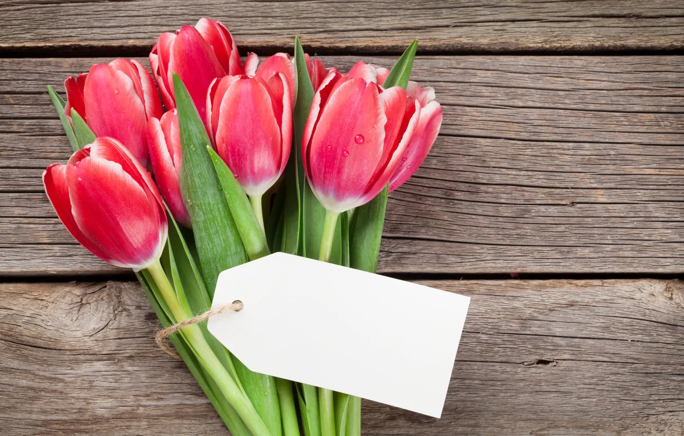 Photo wallpaper flowers, red, bouquet, tulips, red, wood, flowers, romantic
