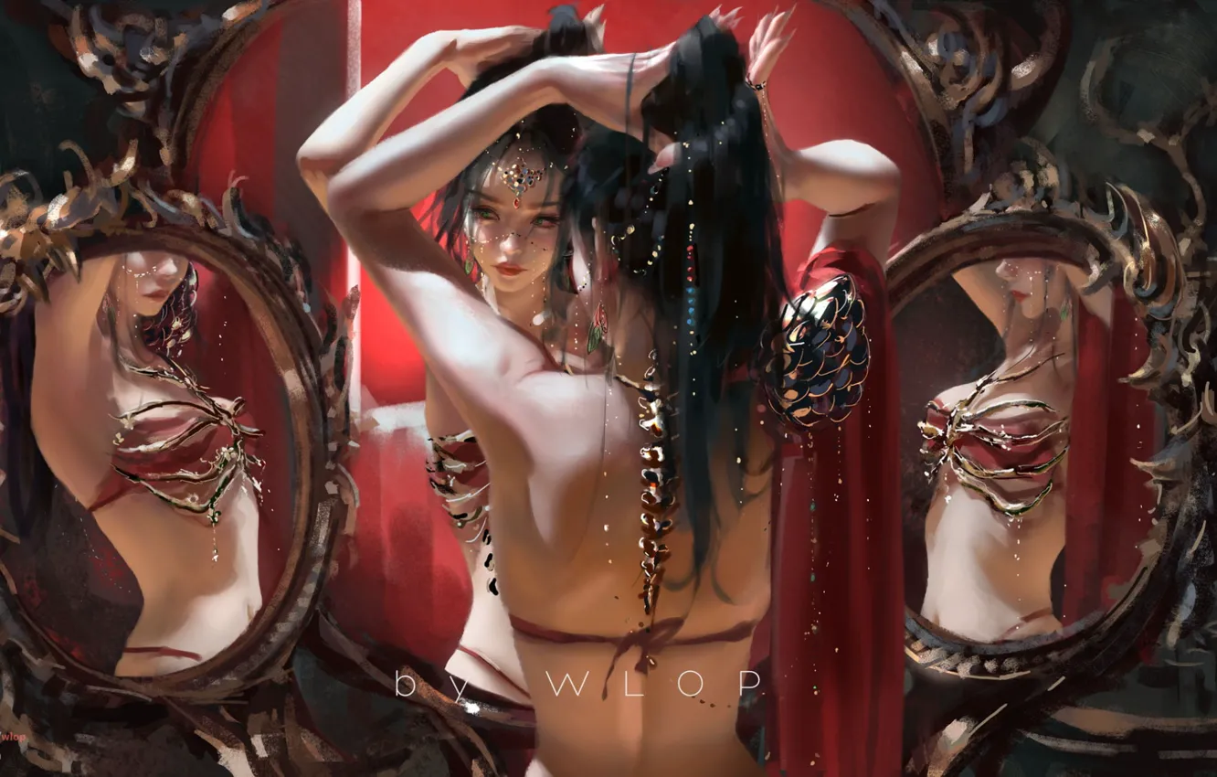 Photo wallpaper girl, decoration, reflection, back, beauty, mirror, girl, beauty