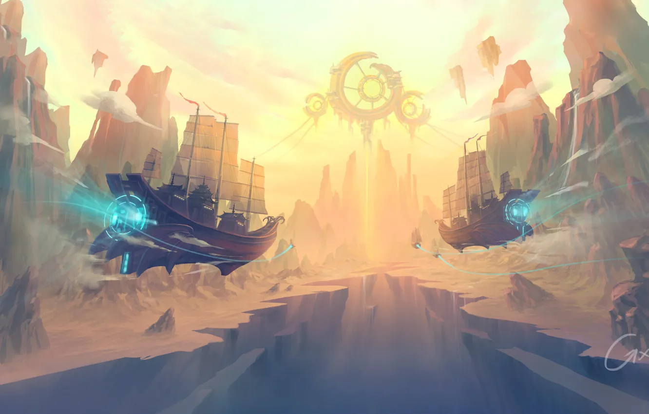 Photo wallpaper mountains, fiction, rocks, ship, sailboat, art, sail, Flies