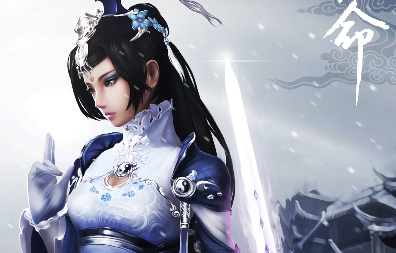 Photo wallpaper girl, snow, sword, art, Yin Yang, jx online 3, monkey buonarroti