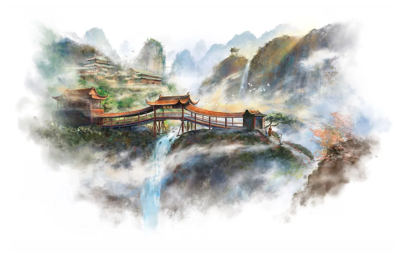 Photo wallpaper mountains, rocks, Asia, figure, art, white background, temple, waterfalls