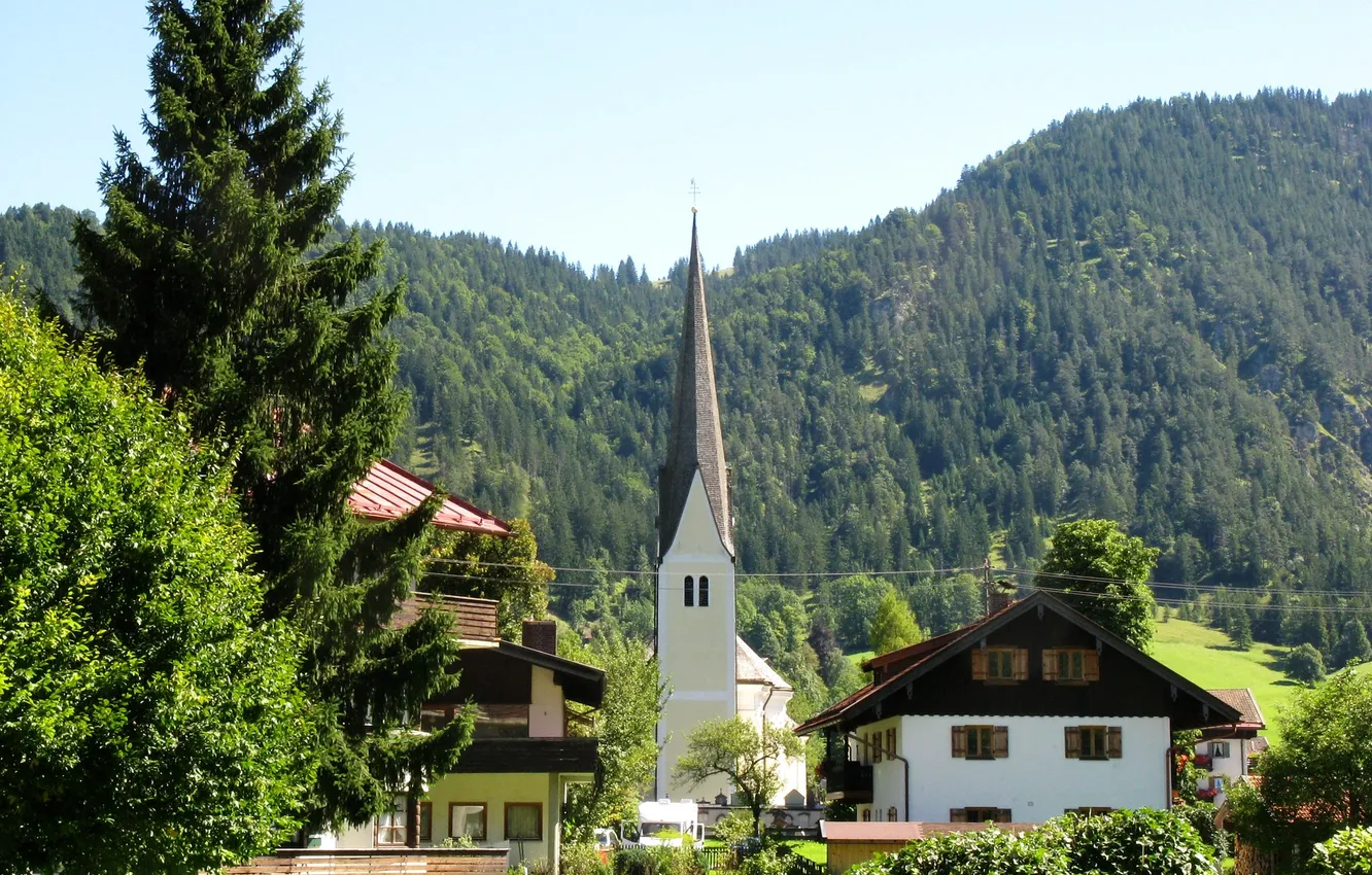 Photo wallpaper forest, trees, mountains, home, Germany, Bayern, Alps, Church