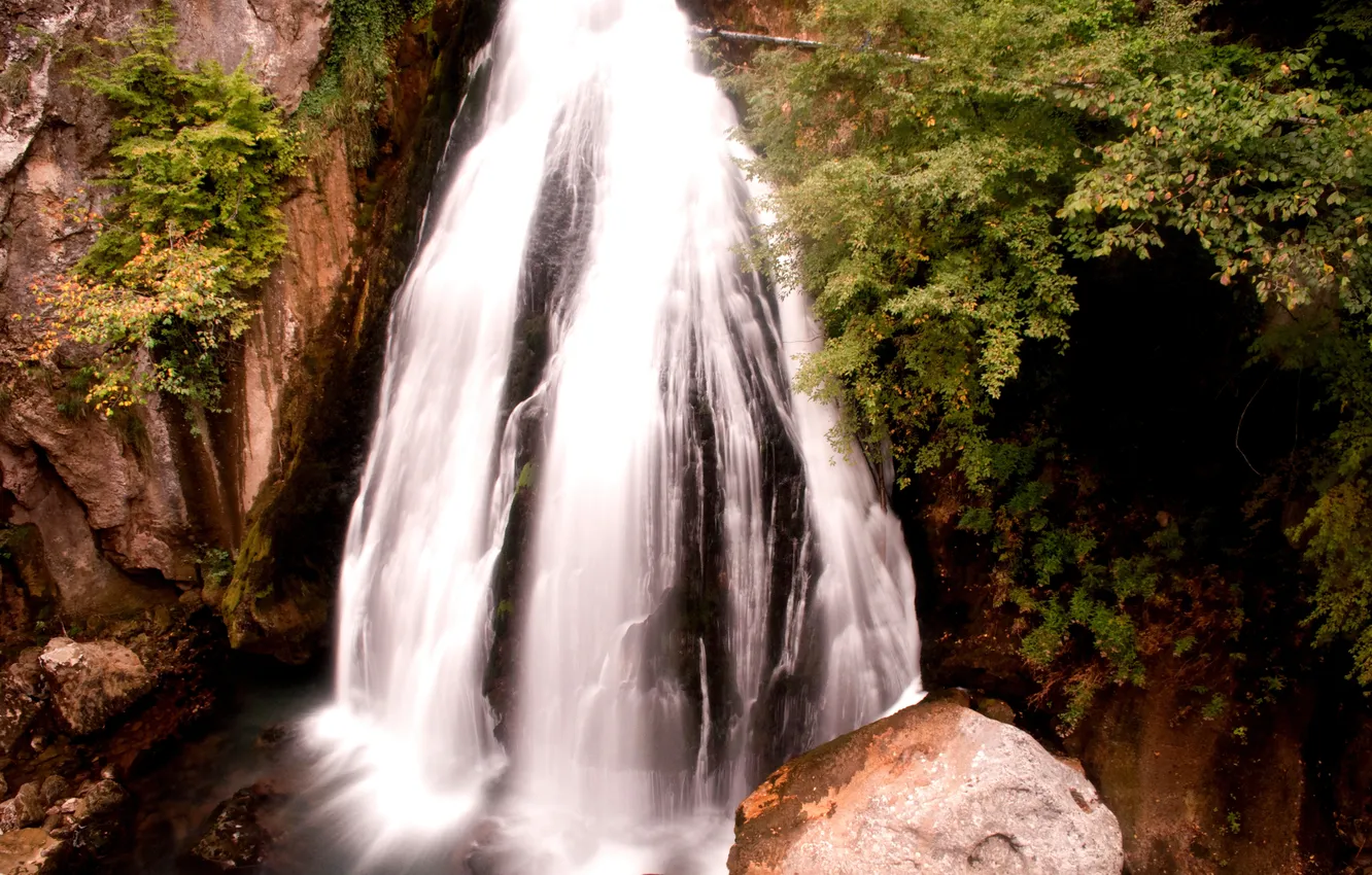 Photo wallpaper grass, stones, waterfall, shrub