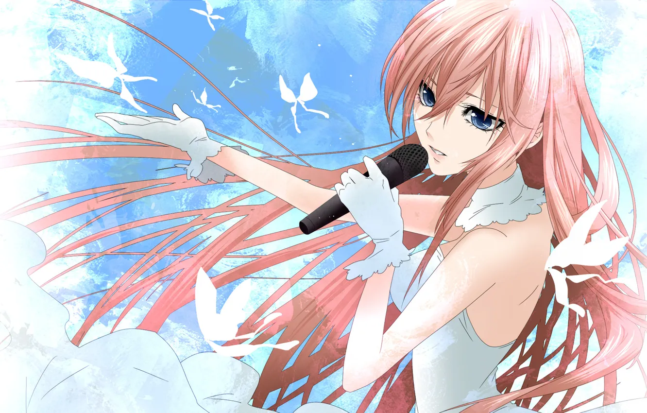 Photo wallpaper girl, butterfly, dress, gloves, microphone, vocaloid, megurine luka, singing