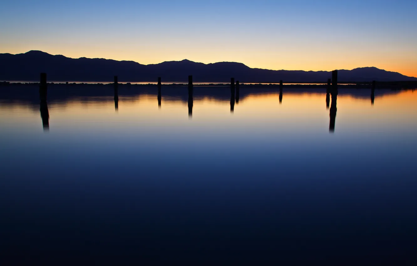 Photo wallpaper landscape, sunset, mountains, nature, river, horizon, pond