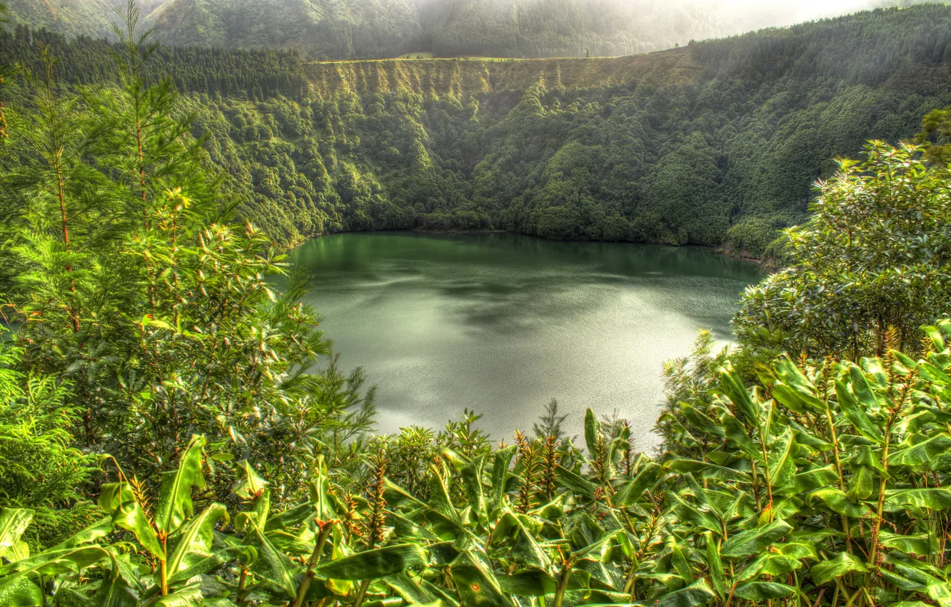 Photo wallpaper greens, trees, mountains, lake, crater, Portugal, the bushes, volcanic