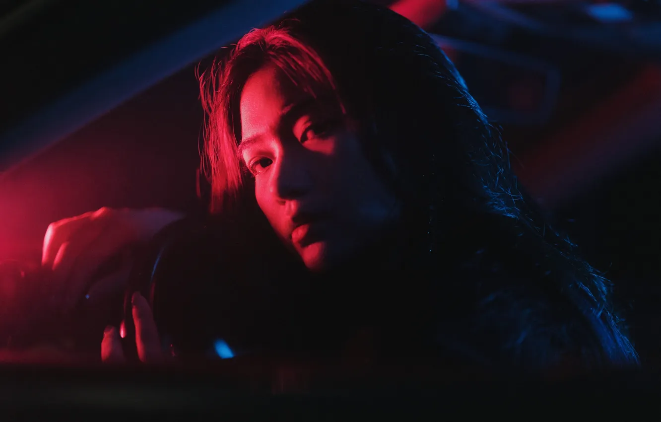 Photo wallpaper car, woman, night, beautiful, model, pretty, red light, asian