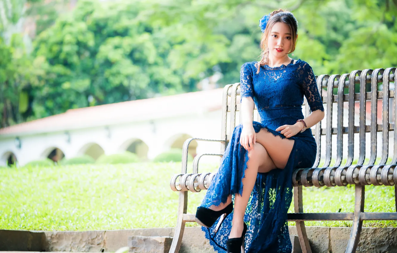 Photo wallpaper girl, dress, legs, Asian, bench