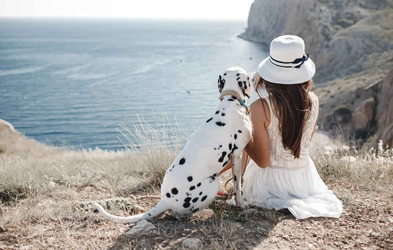 Photo wallpaper sea, white, summer, grass, girl, nature, pose, each
