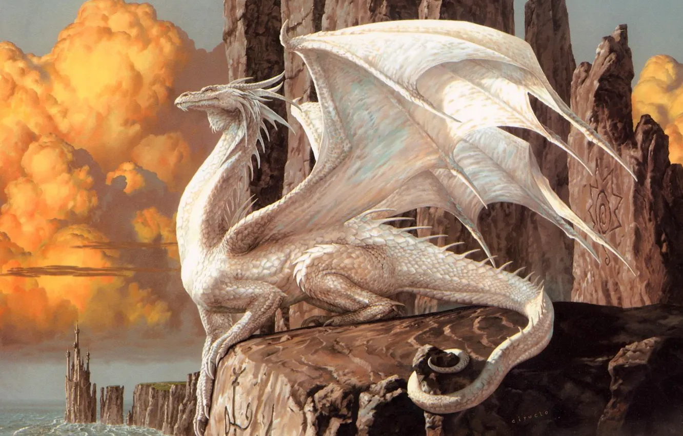 Photo wallpaper white, clouds, rocks, sign, shore, dragon, rock