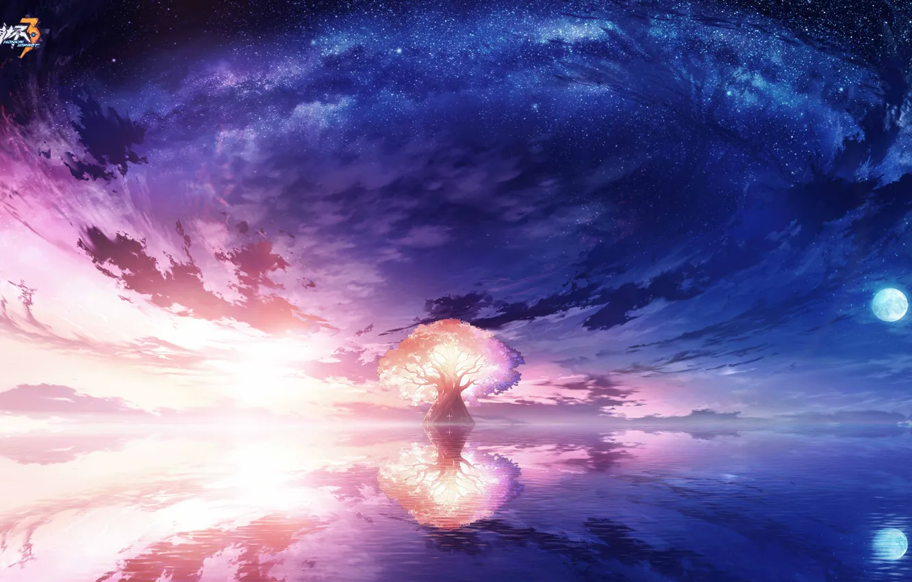 Photo wallpaper Honkai Impact 3, trees, the moon, water, night, the sky, sunset