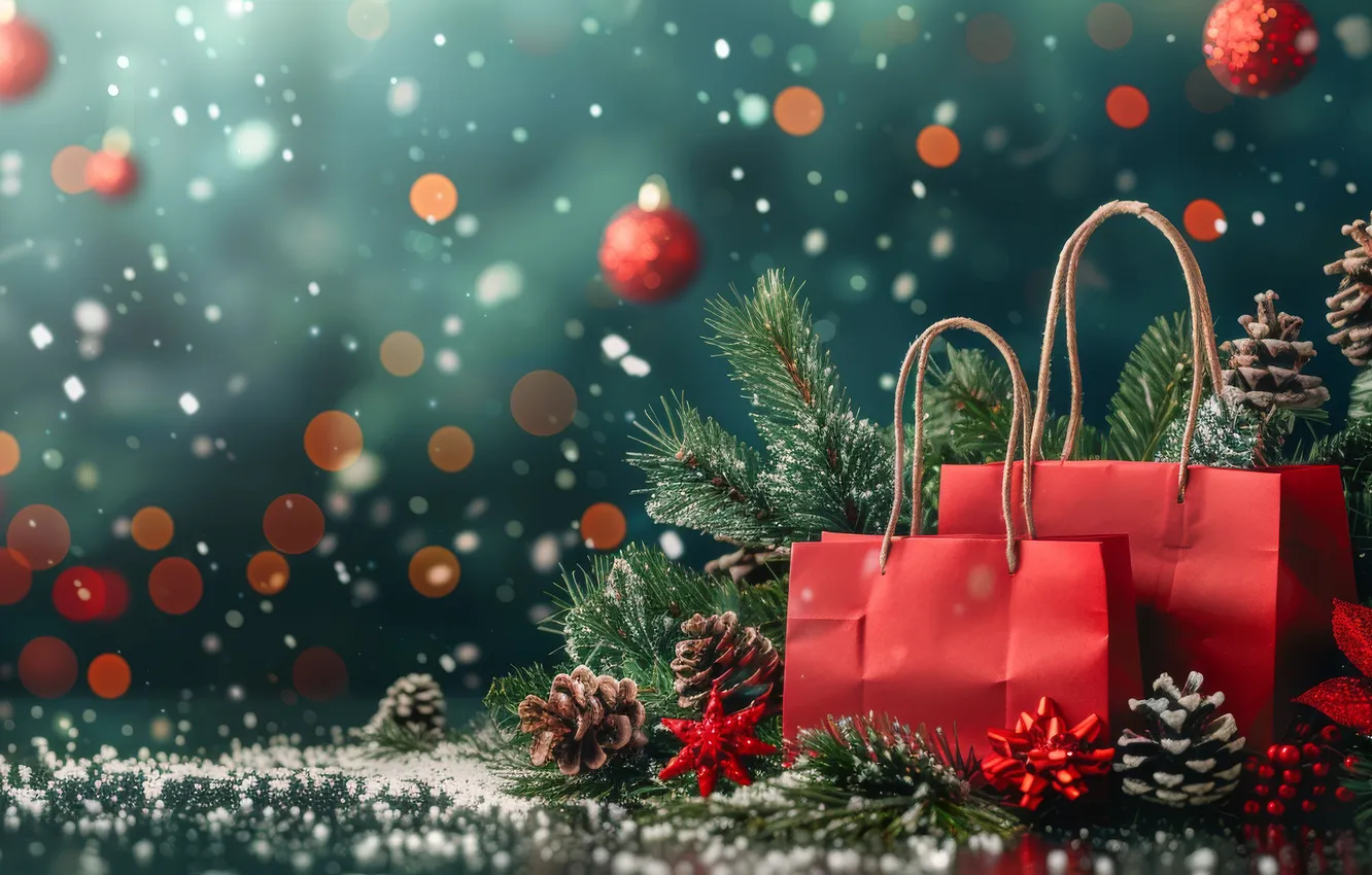 Photo wallpaper branches, red, gift, new year, package, Christmas, needles, bumps