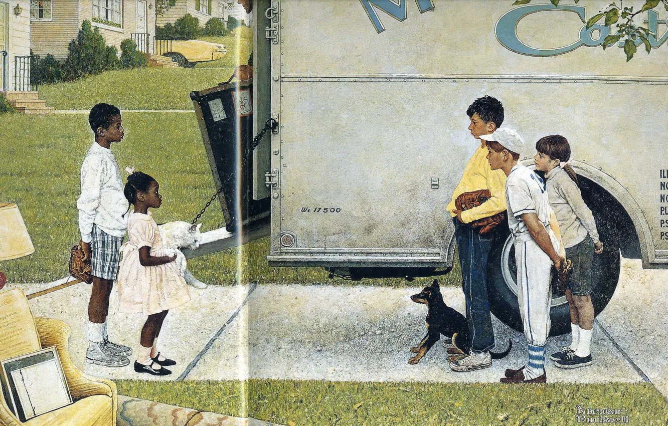 Photo wallpaper children, dog, Illustration, white fluffy cat, Norman Rockwell, New Kids in the Neighbourhood 1967