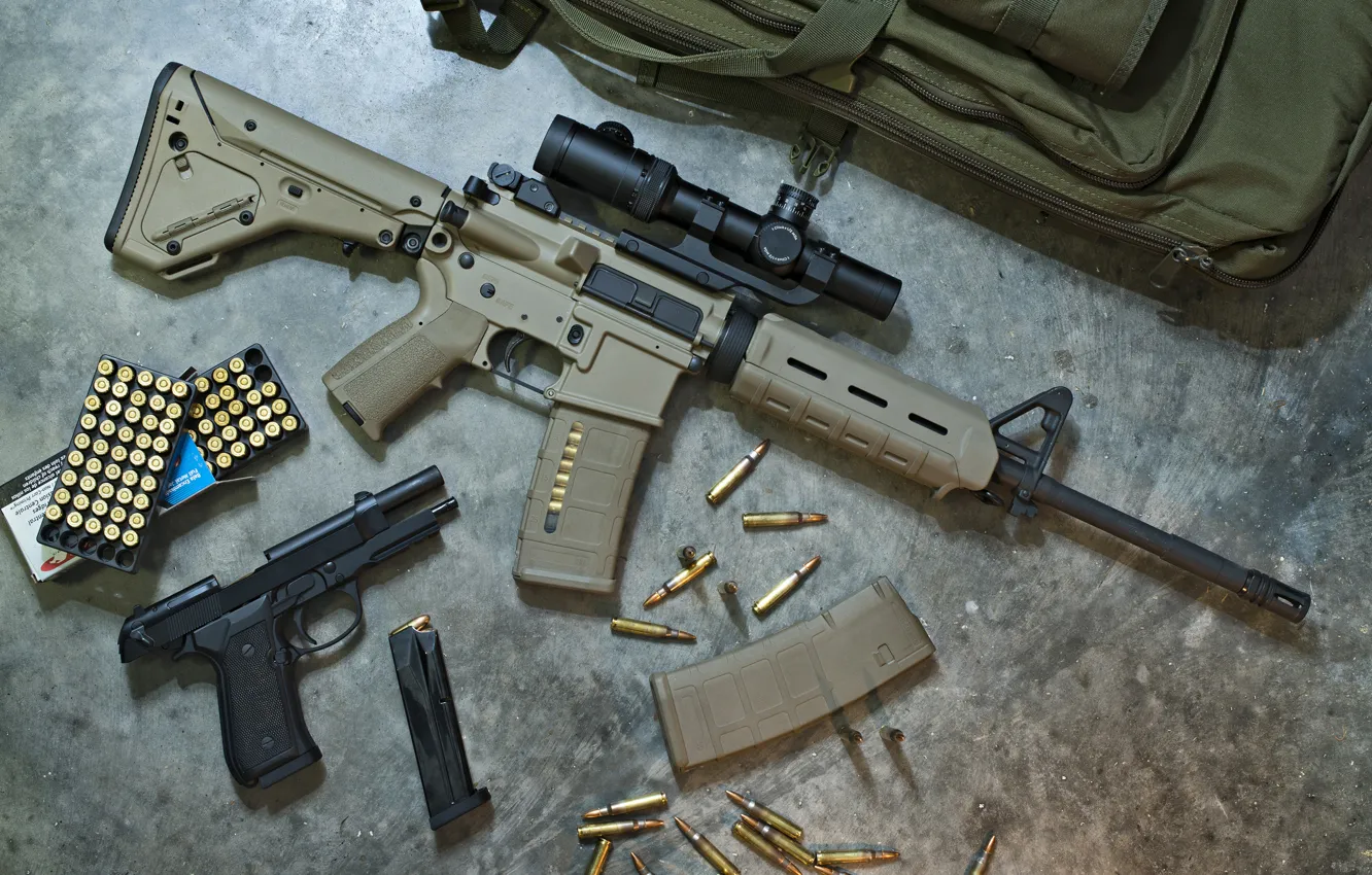 Photo wallpaper gun, weapons, box, machine, cartridges, backpack, shop, clip