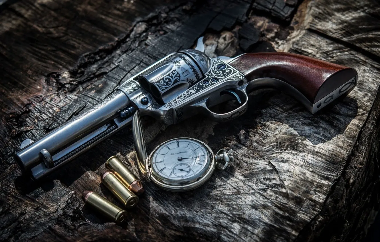 Photo wallpaper time, gun, watch, bullets, cartridges, Colt