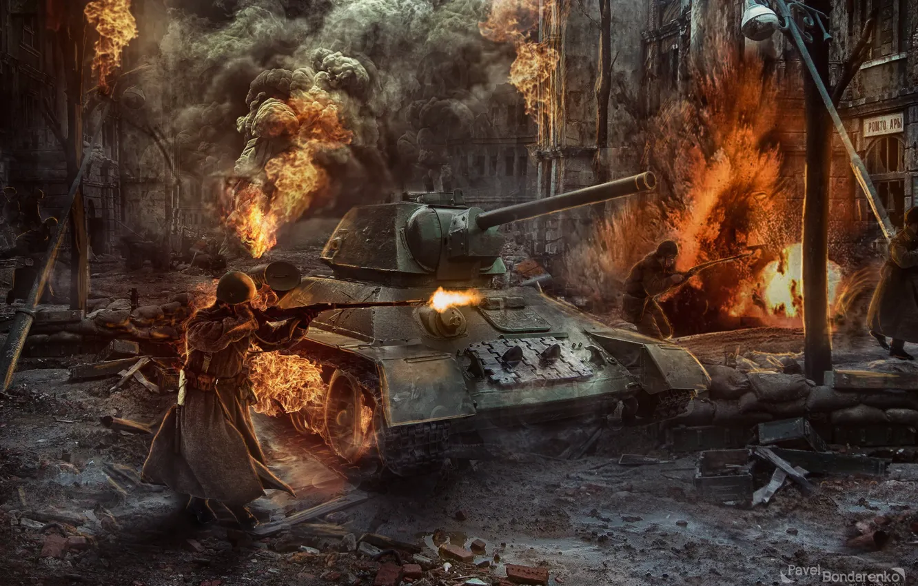 Photo wallpaper fire, war, tank, USSR, USSR, war, Stalingrad, Battle of Stalingrad