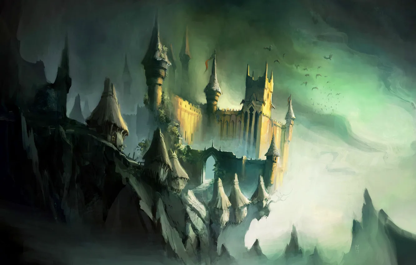 Photo wallpaper night, castle, rocks, bird, tower, hut