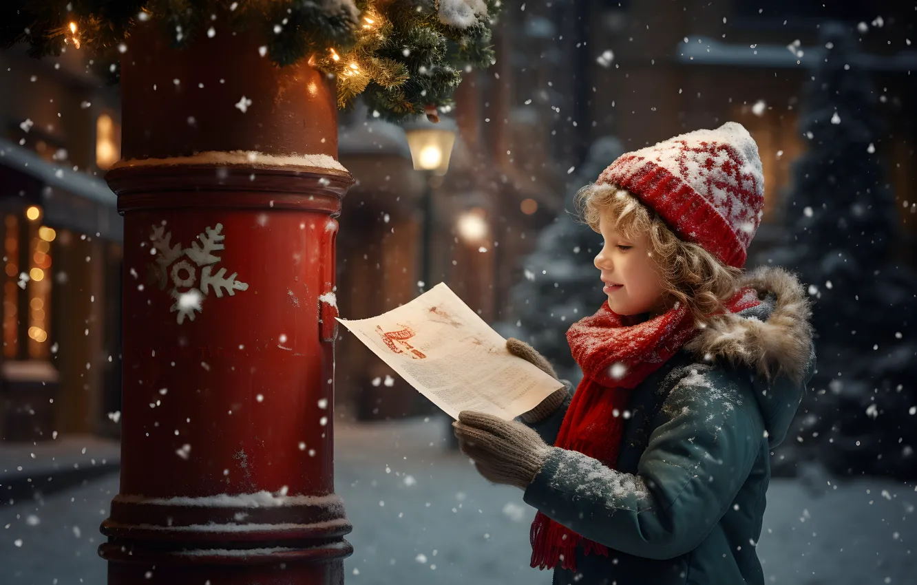 Photo wallpaper winter, letter, snow, Christmas, girl, New year, snowfall, Inbox