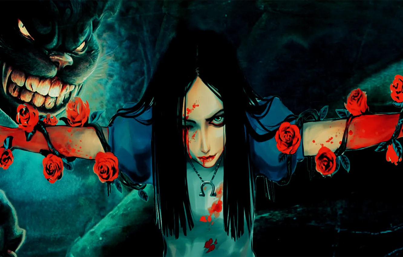 Photo wallpaper girl, blood, Alice, girl, blood, Cheshire cat, Alice, Alice Madness Returns