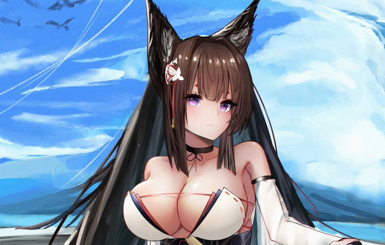 Photo wallpaper girl, sexy, cleavage, blouse, long hair, boobs, anime, beautiful