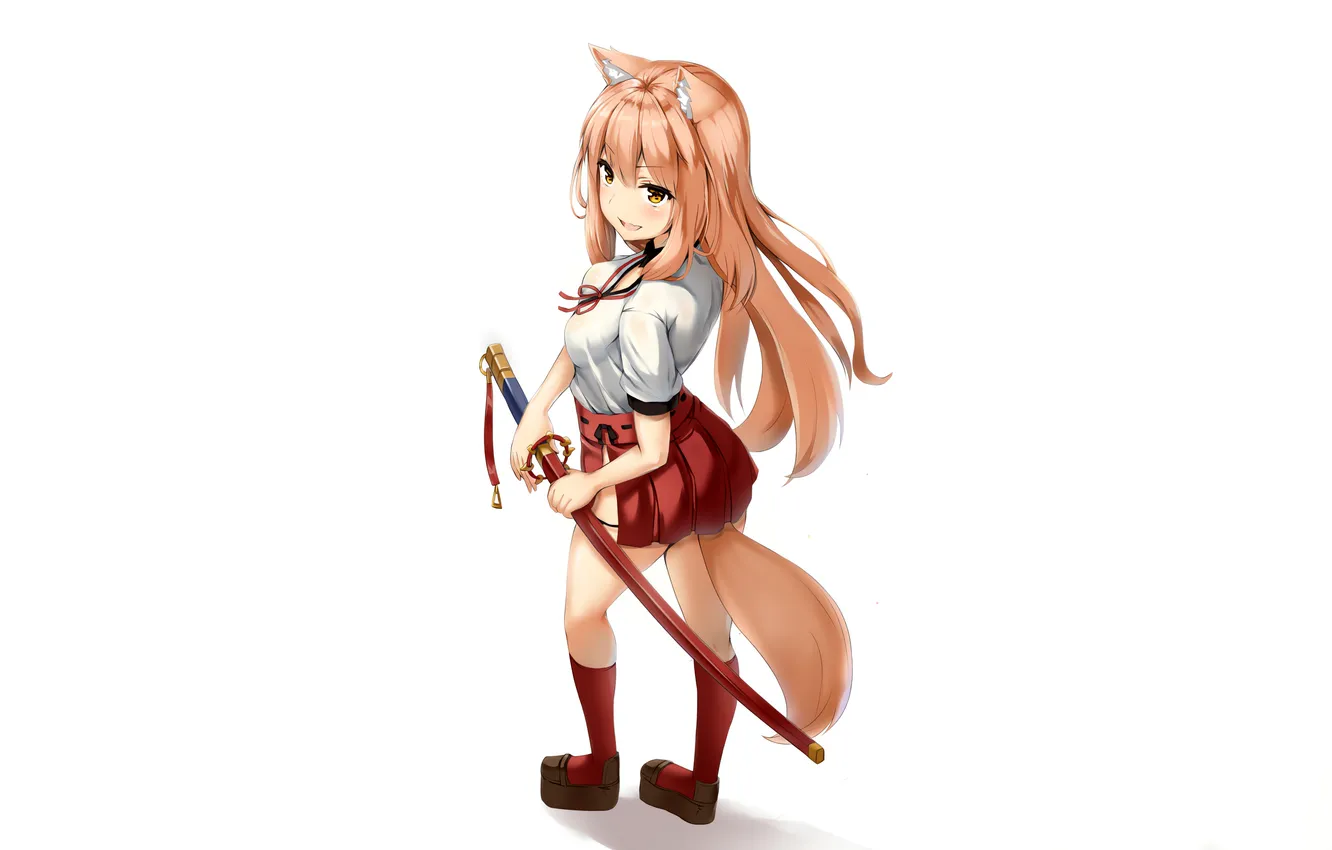 Photo wallpaper girl, sword, sexy, school uniform, long hair, legs, boobs, animal ears